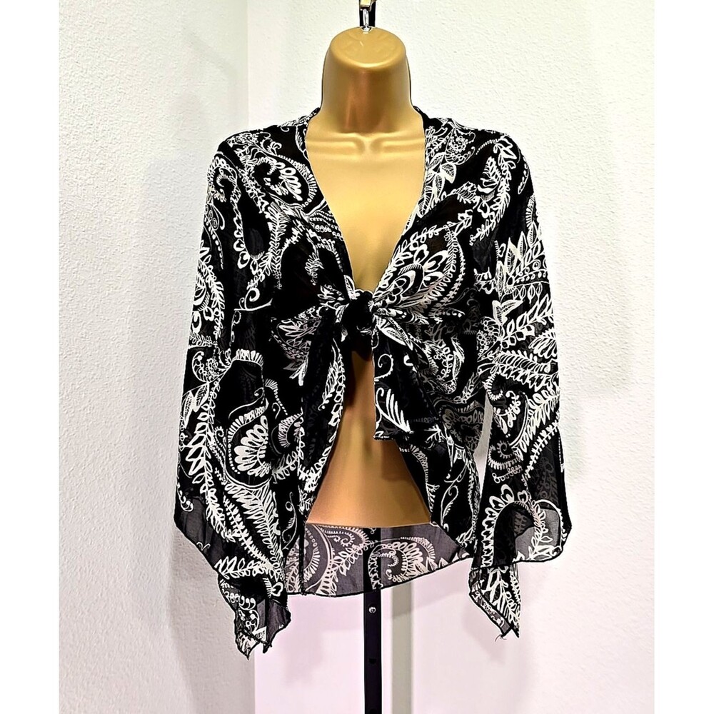One World Black White Sheer Tie Front Ruffle Top Sm Boho Fairy Grunge Whimsigoth